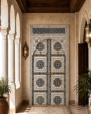 Handmade Whitewashed Moroccan Double Door, Carved Wood Entry, Brass Hardware, Mashrabiya Transom