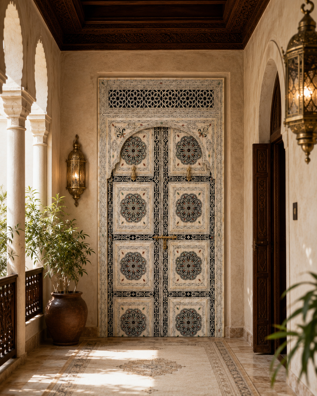 Handmade Whitewashed Moroccan Double Door, Carved Wood Entry, Brass Hardware, Mashrabiya Transom
