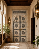 Handmade Whitewashed Moroccan Double Door, Carved Wood Entry, Brass Hardware, Mashrabiya Transom