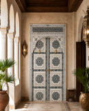Handmade Whitewashed Moroccan Double Door, Carved Wood Entry, Brass Hardware, Mashrabiya Transom