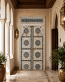 Handmade Whitewashed Moroccan Double Door, Carved Wood Entry, Brass Hardware, Mashrabiya Transom
