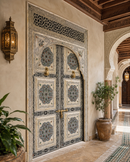 Handmade Whitewashed Moroccan Double Door, Carved Wood Entry, Brass Hardware, Mashrabiya Transom