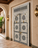 Handmade Whitewashed Moroccan Double Door, Carved Wood Entry, Brass Hardware, Mashrabiya Transom
