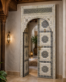 Handmade Whitewashed Moroccan Double Door, Carved Wood Entry, Brass Hardware, Mashrabiya Transom