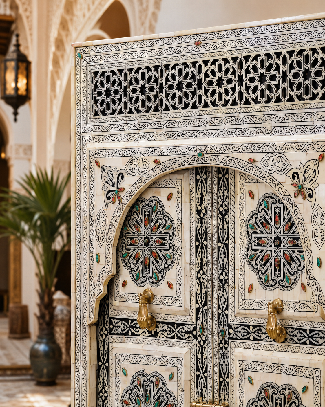 Handmade Whitewashed Moroccan Double Door, Carved Wood Entry, Brass Hardware, Mashrabiya Transom