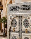 Handmade Whitewashed Moroccan Double Door, Carved Wood Entry, Brass Hardware, Mashrabiya Transom