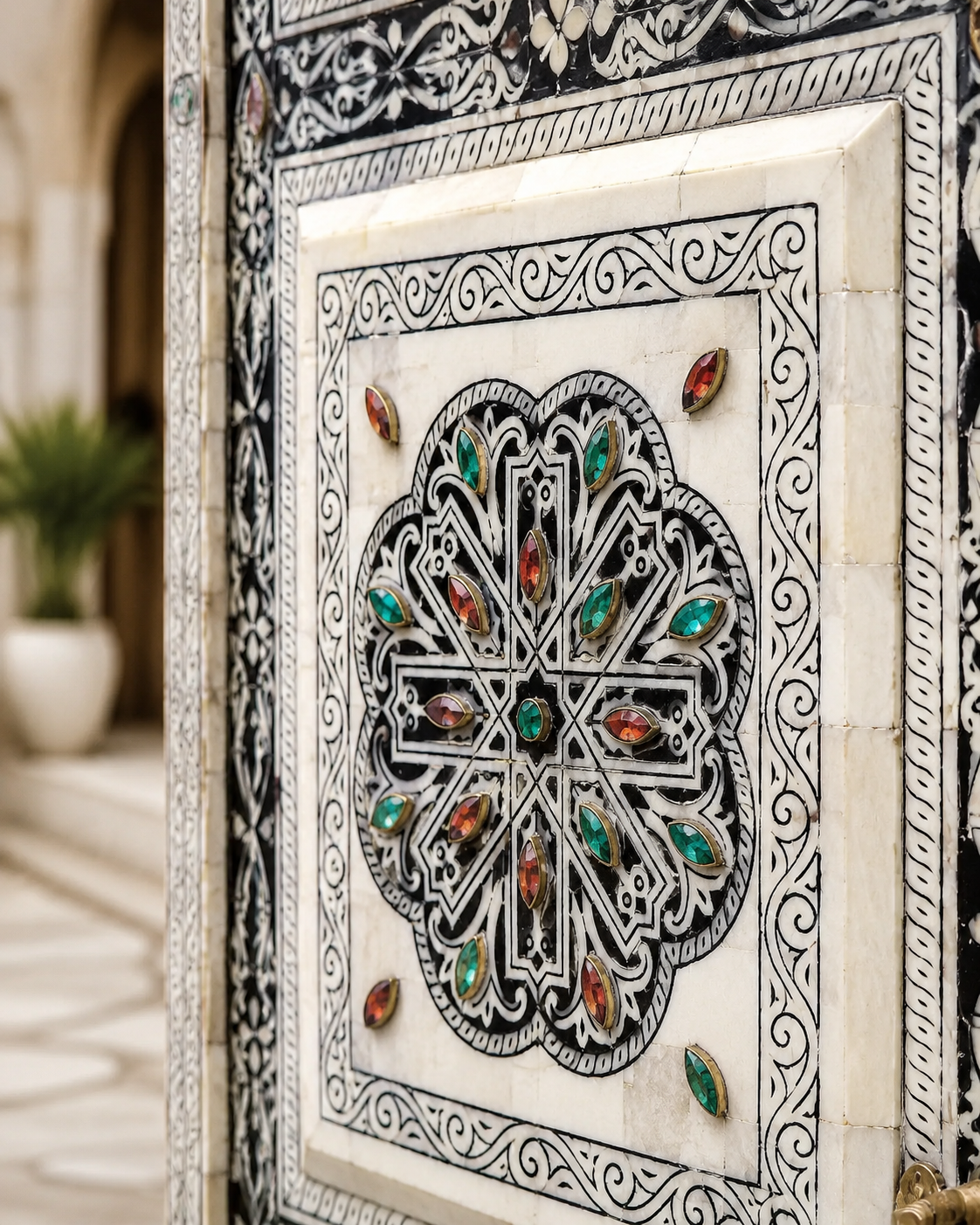 Handmade Whitewashed Moroccan Double Door, Carved Wood Entry, Brass Hardware, Mashrabiya Transom