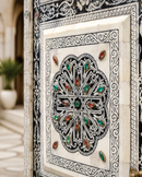 Handmade Whitewashed Moroccan Double Door, Carved Wood Entry, Brass Hardware, Mashrabiya Transom