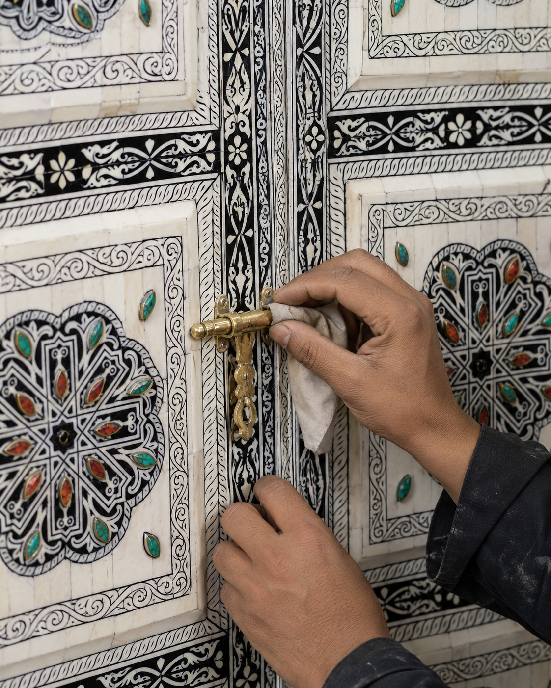 Handmade Whitewashed Moroccan Double Door, Carved Wood Entry, Brass Hardware, Mashrabiya Transom
