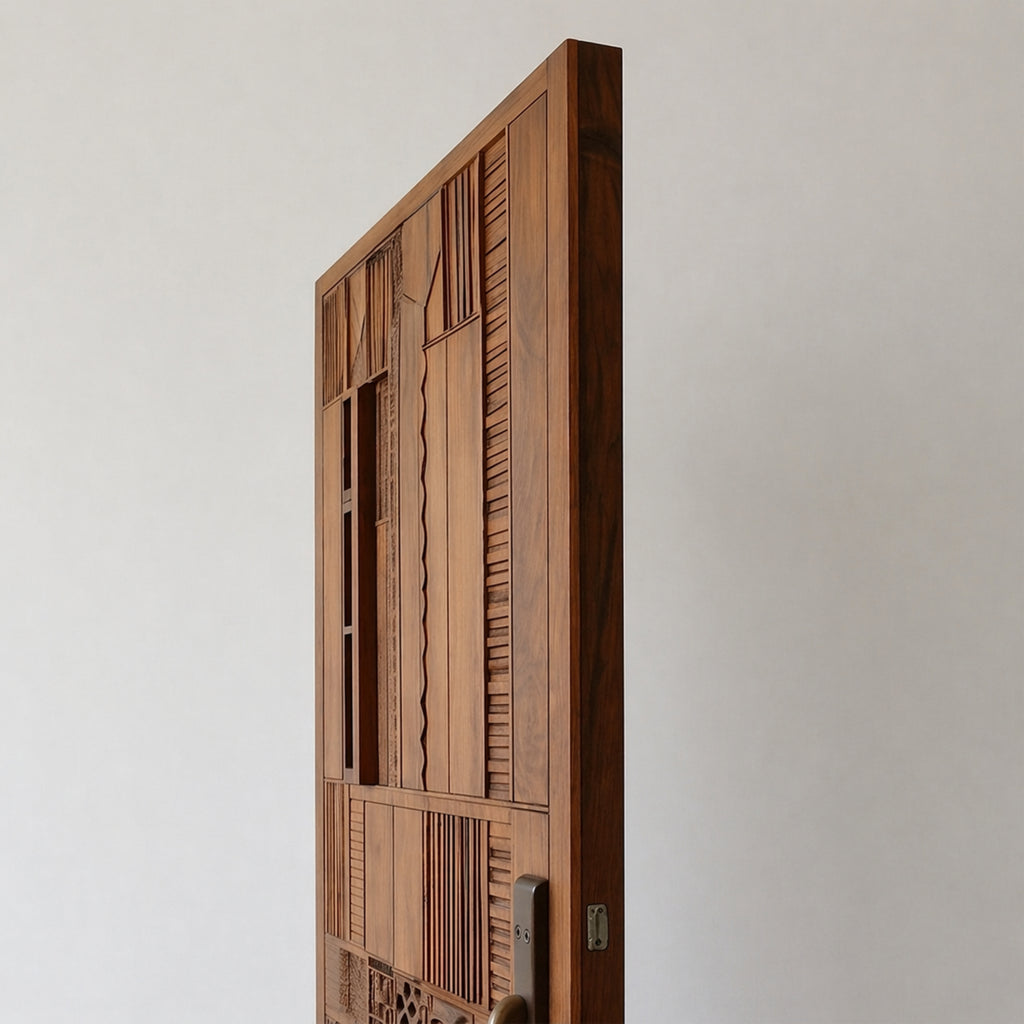 Hand-Carved Moroccan Wooden Door, Abstract Geometric Entry, Textured Panels, Custom Size