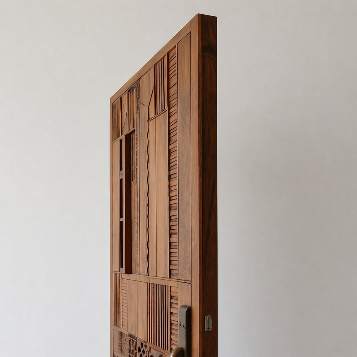 Hand-Carved Moroccan Wooden Door, Abstract Geometric Entry, Textured Panels, Custom Size