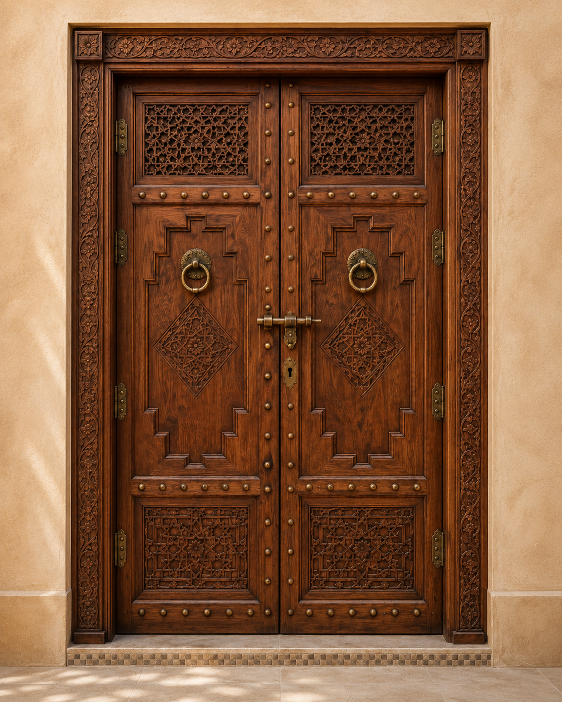 Handmade Moroccan Double Door, Carved Wood with Brass Hardware, Custom Size, Made to Order
