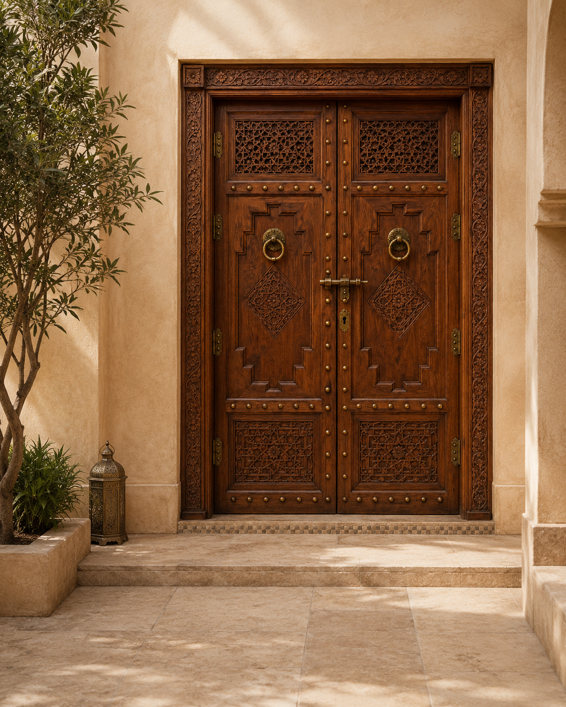 Handmade Moroccan Double Door, Carved Wood with Brass Hardware, Custom Size, Made to Order