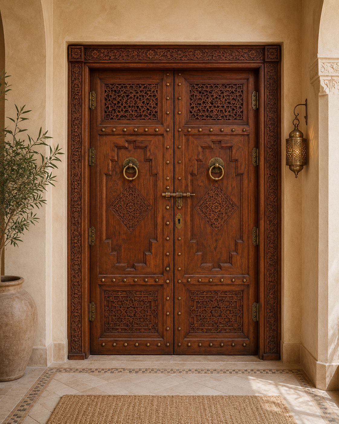 Handmade Moroccan Double Door, Carved Wood with Brass Hardware, Custom Size, Made to Order