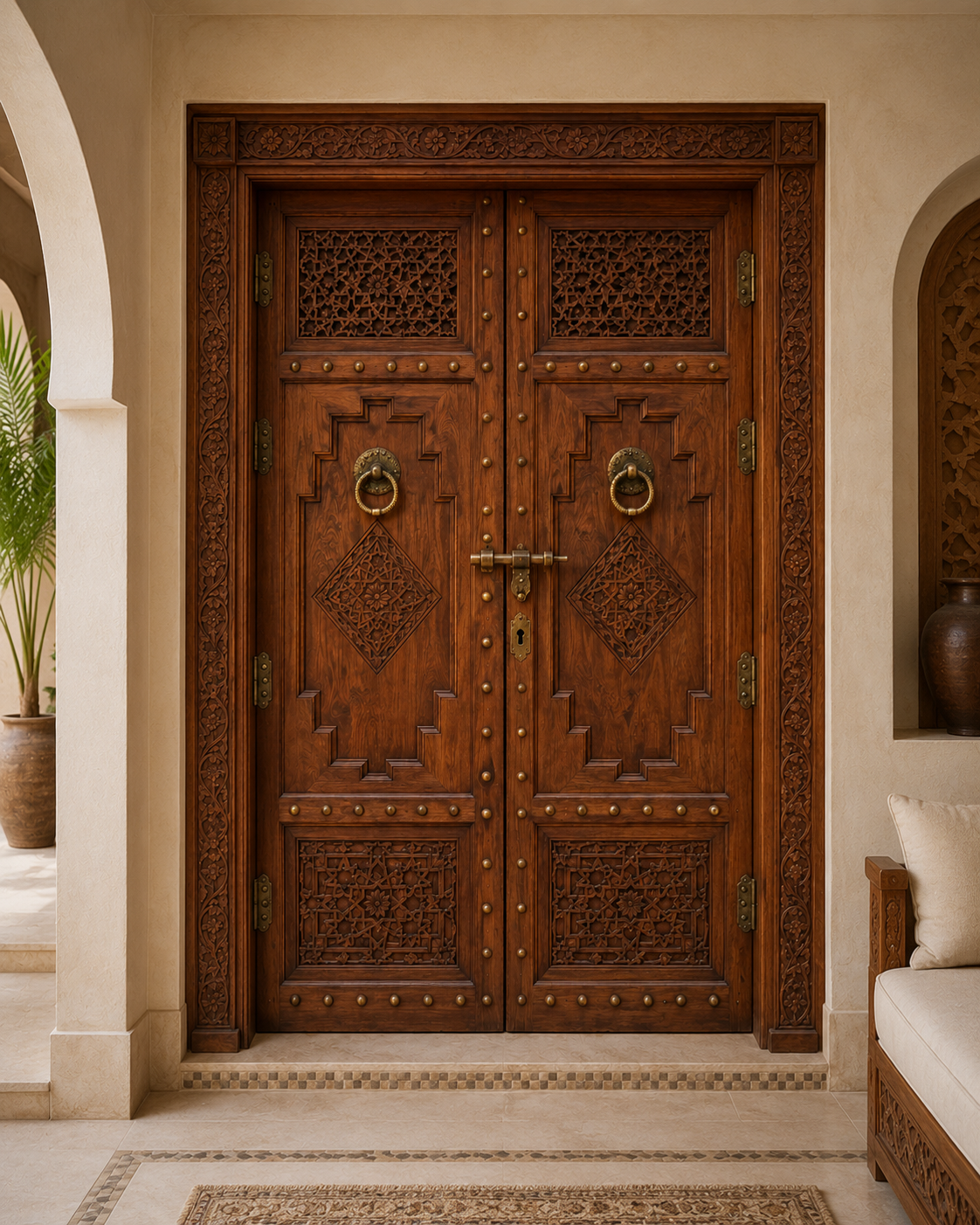 Handmade Moroccan Double Door, Carved Wood with Brass Hardware, Custom Size, Made to Order