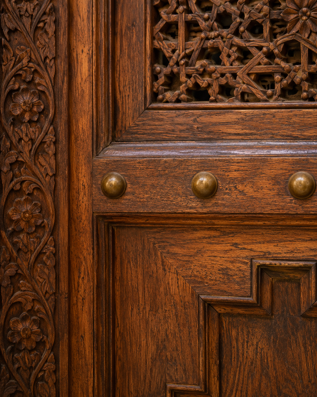 Handmade Moroccan Double Door, Carved Wood with Brass Hardware, Custom Size, Made to Order