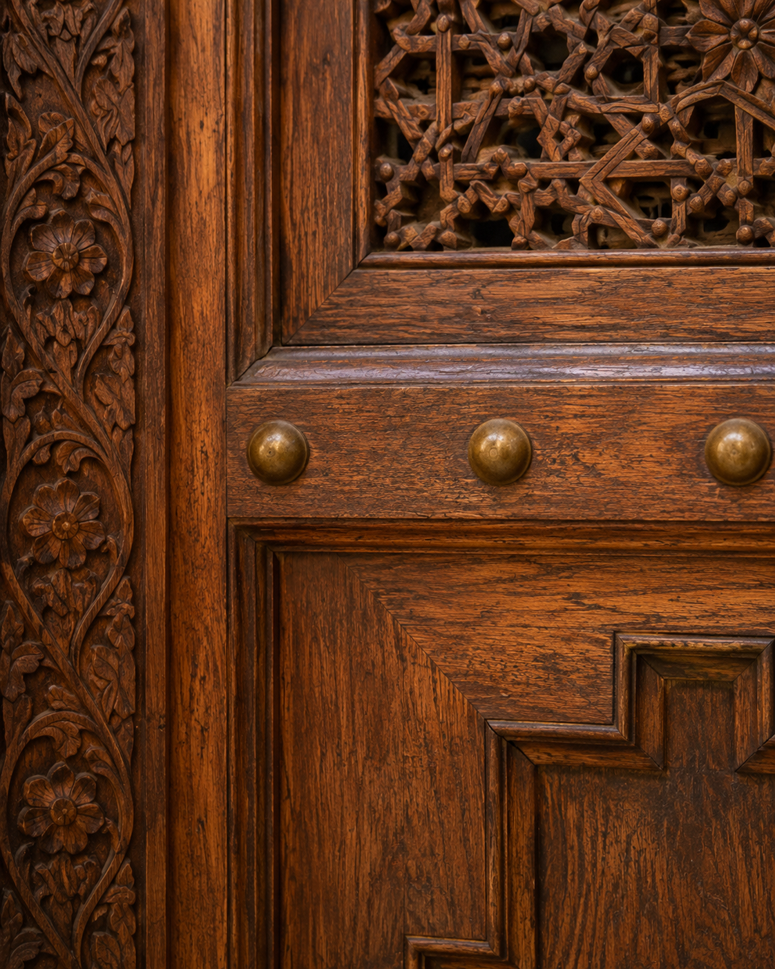 Handmade Moroccan Double Door, Carved Wood with Brass Hardware, Custom Size, Made to Order
