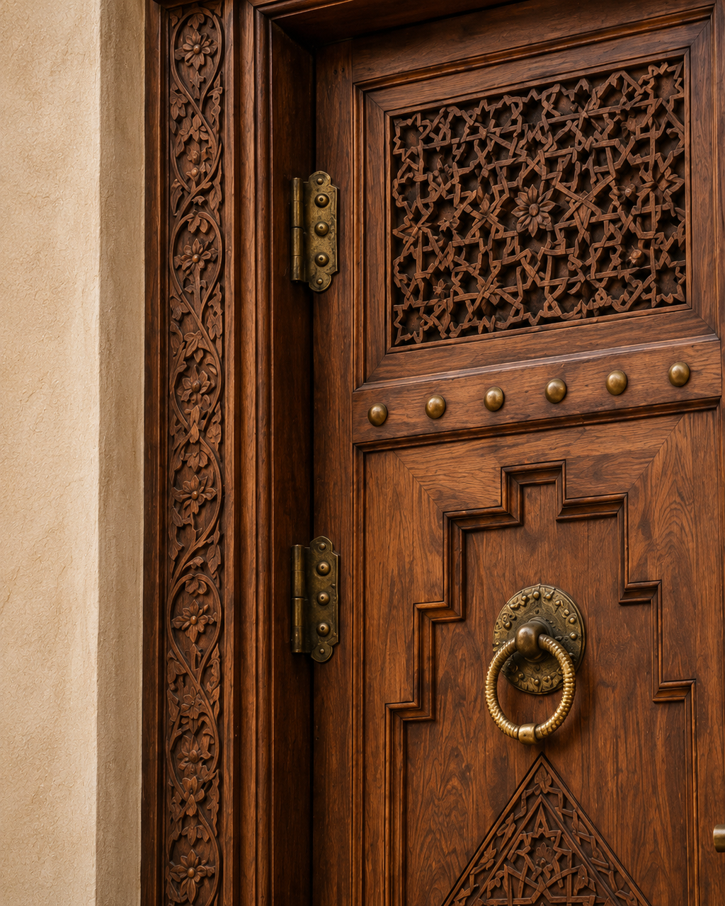 Handmade Moroccan Double Door, Carved Wood with Brass Hardware, Custom Size, Made to Order