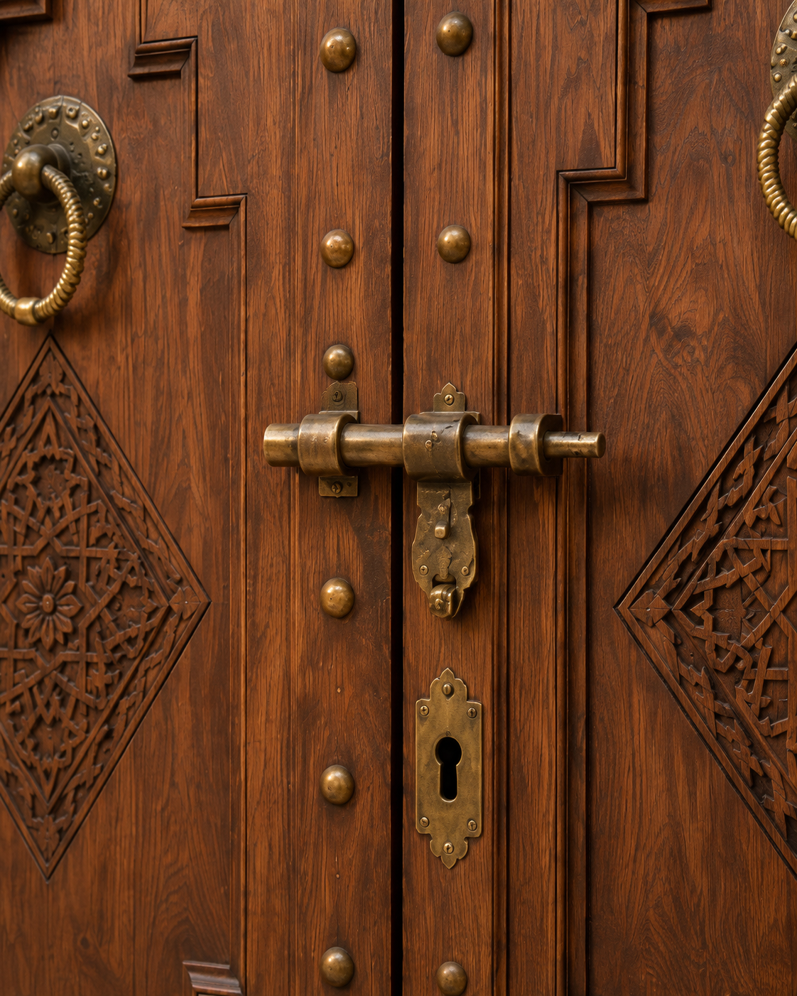 Handmade Moroccan Double Door, Carved Wood with Brass Hardware, Custom Size, Made to Order