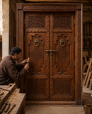 Handmade Moroccan Double Door, Carved Wood with Brass Hardware, Custom Size, Made to Order
