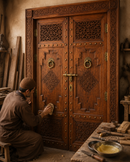 Handmade Moroccan Double Door, Carved Wood with Brass Hardware, Custom Size, Made to Order