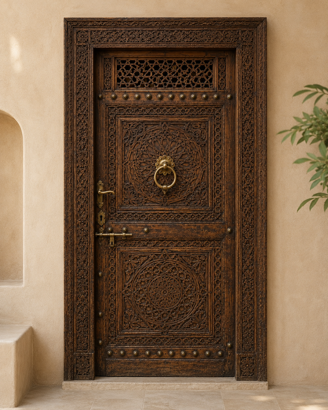Handmade Moroccan Door, Carved Wood with Lattice Transom, Custom Size, Made to Order