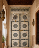 Handmade Whitewashed Moroccan Double Door, Carved Wood Entry, Brass Hardware, Mashrabiya Transom