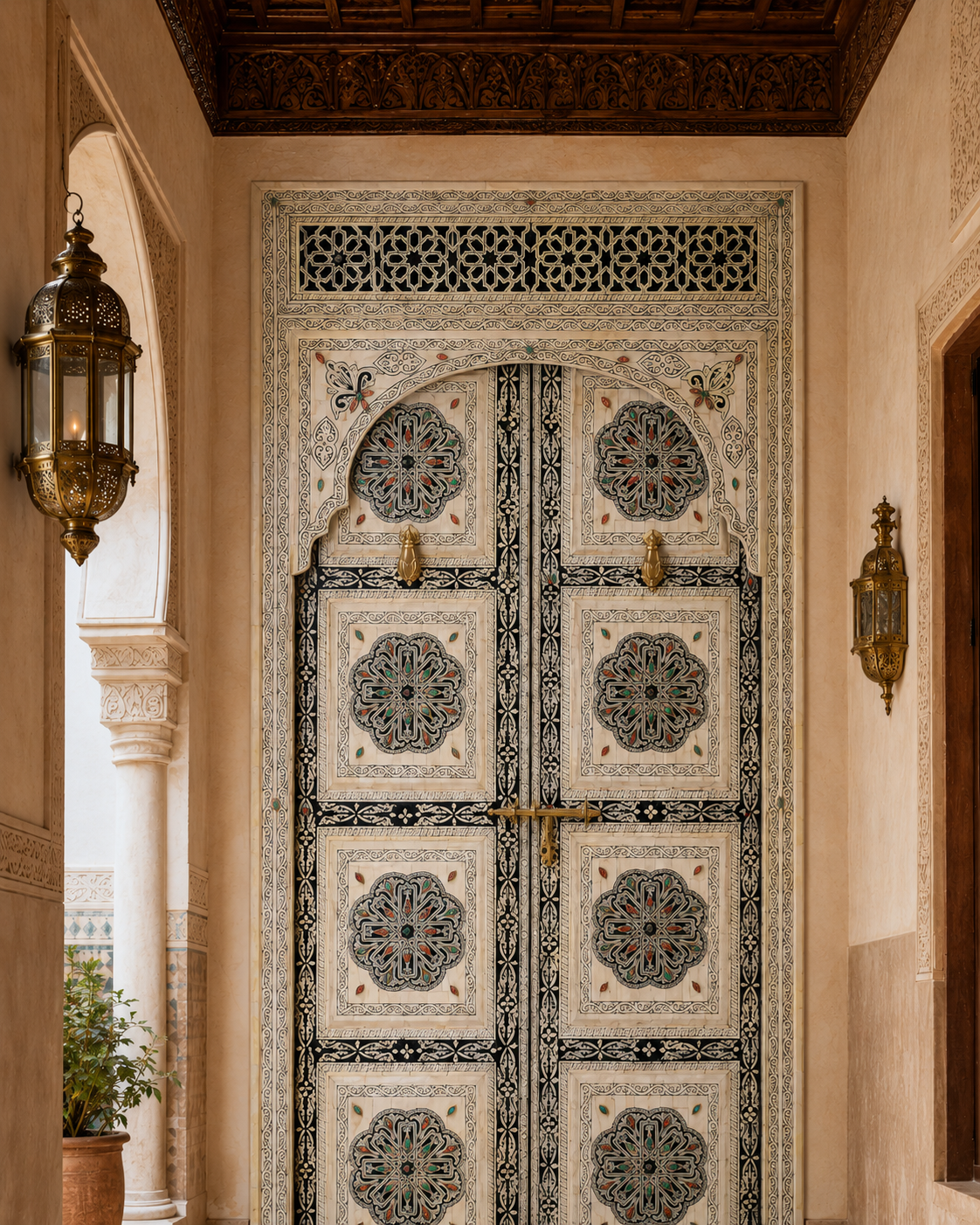 Handmade Whitewashed Moroccan Double Door, Carved Wood Entry, Brass Hardware, Mashrabiya Transom