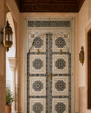 Handmade Whitewashed Moroccan Double Door, Carved Wood Entry, Brass Hardware, Mashrabiya Transom