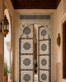 Handmade Whitewashed Moroccan Double Door, Carved Wood Entry, Brass Hardware, Mashrabiya Transom