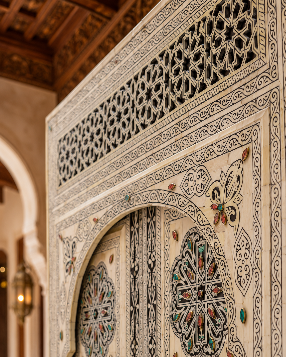 Handmade Whitewashed Moroccan Double Door, Carved Wood Entry, Brass Hardware, Mashrabiya Transom