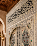 Handmade Whitewashed Moroccan Double Door, Carved Wood Entry, Brass Hardware, Mashrabiya Transom