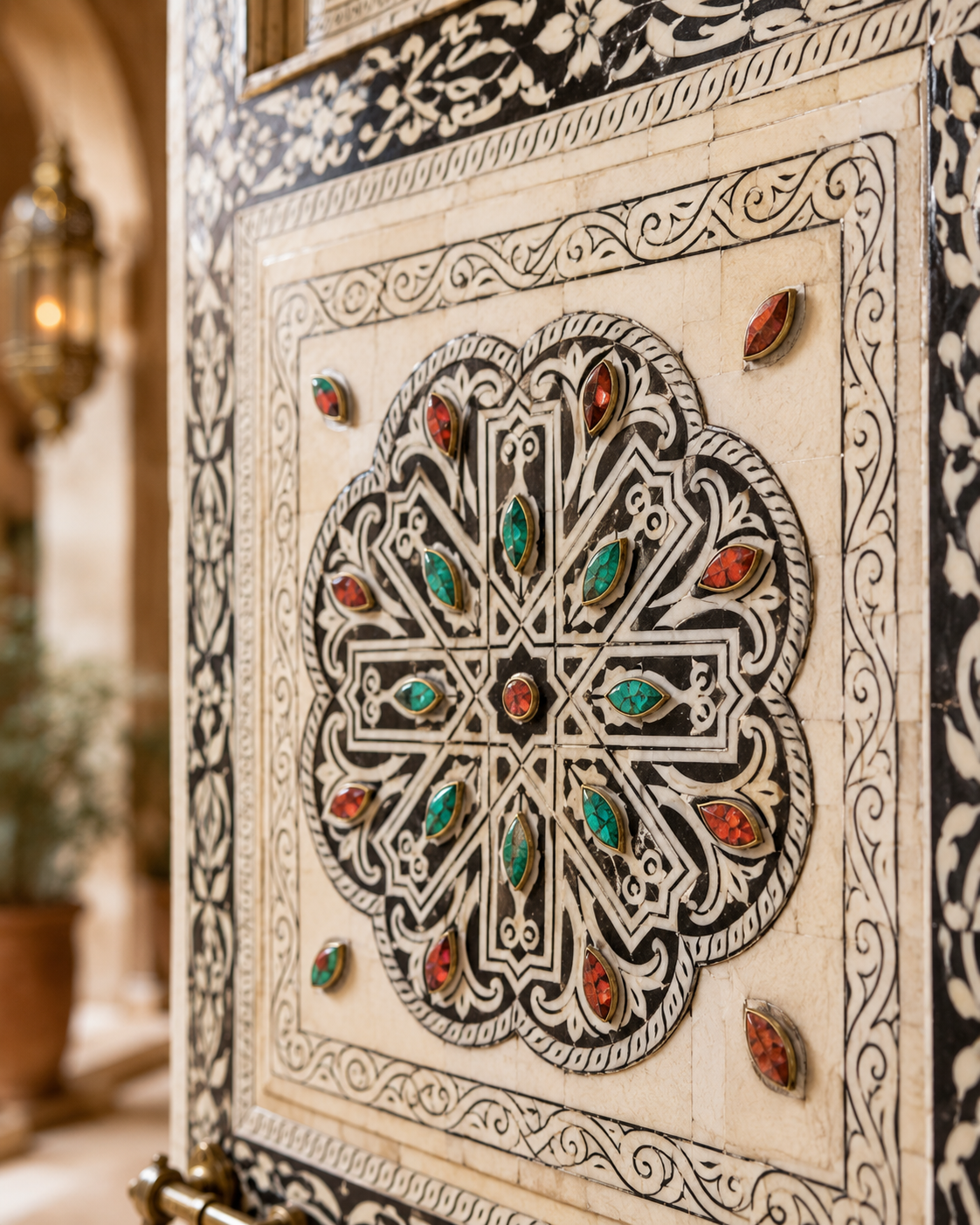 Handmade Whitewashed Moroccan Double Door, Carved Wood Entry, Brass Hardware, Mashrabiya Transom