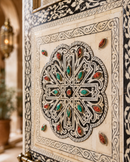 Handmade Whitewashed Moroccan Double Door, Carved Wood Entry, Brass Hardware, Mashrabiya Transom