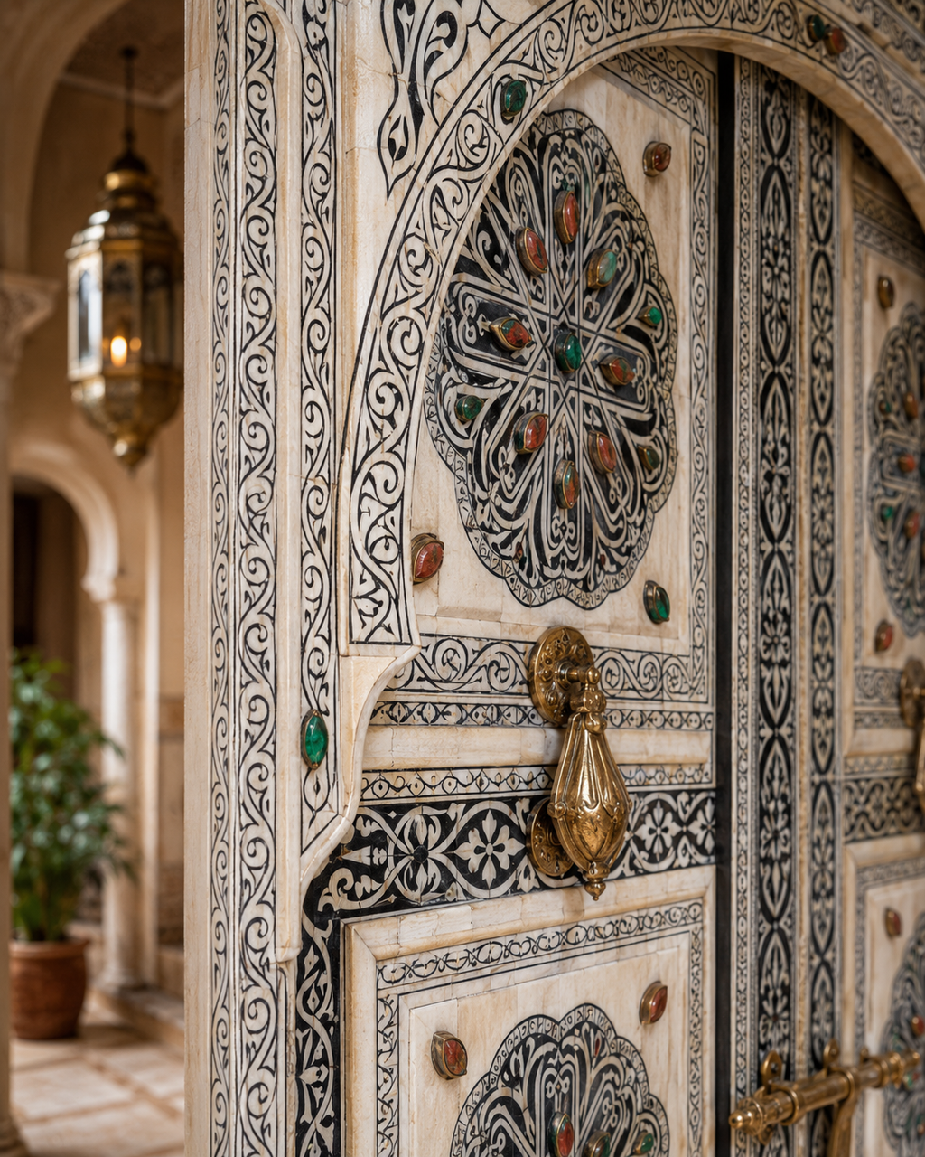 Handmade Whitewashed Moroccan Double Door, Carved Wood Entry, Brass Hardware, Mashrabiya Transom