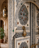 Handmade Whitewashed Moroccan Double Door, Carved Wood Entry, Brass Hardware, Mashrabiya Transom