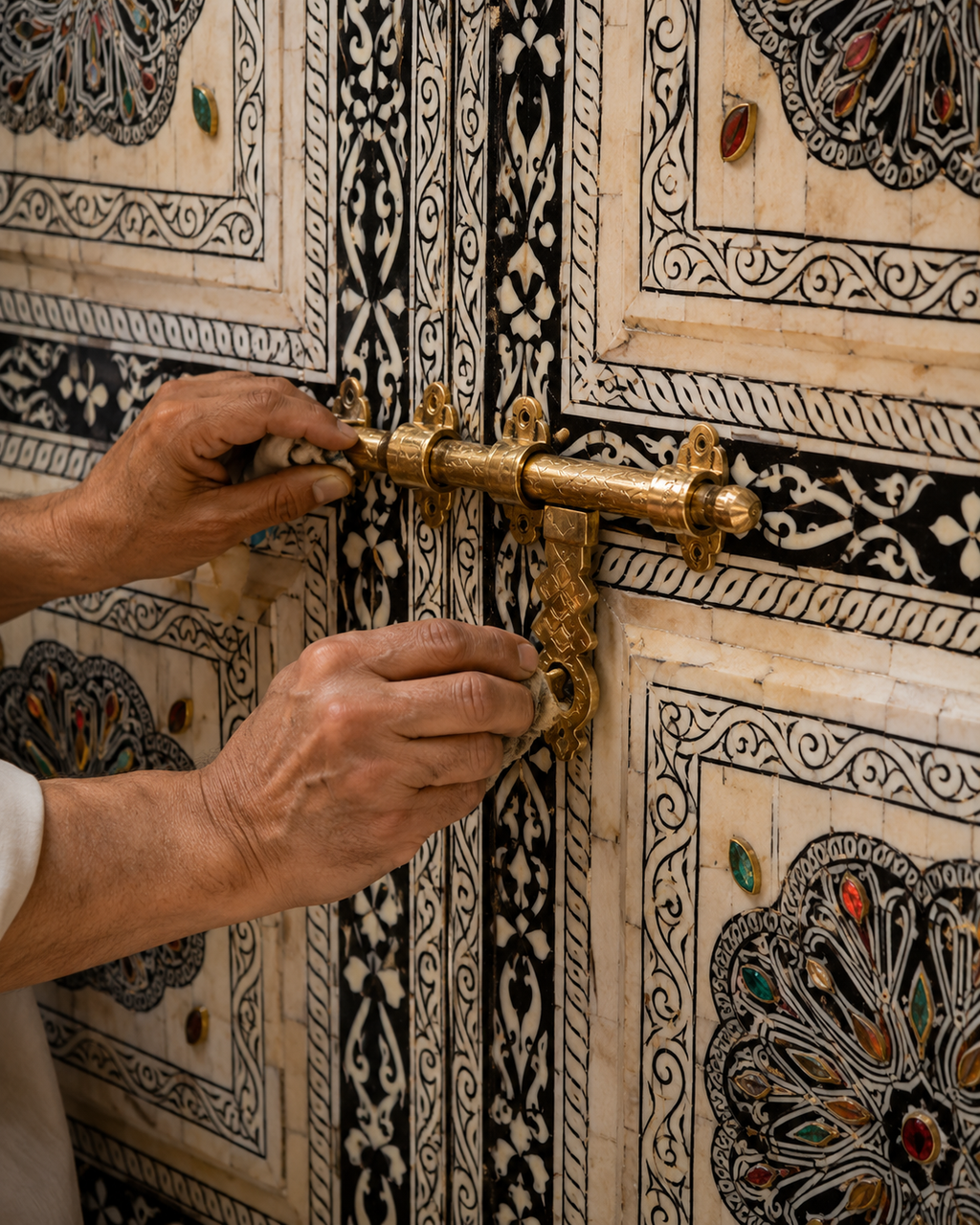 Handmade Whitewashed Moroccan Double Door, Carved Wood Entry, Brass Hardware, Mashrabiya Transom