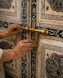 Handmade Whitewashed Moroccan Double Door, Carved Wood Entry, Brass Hardware, Mashrabiya Transom