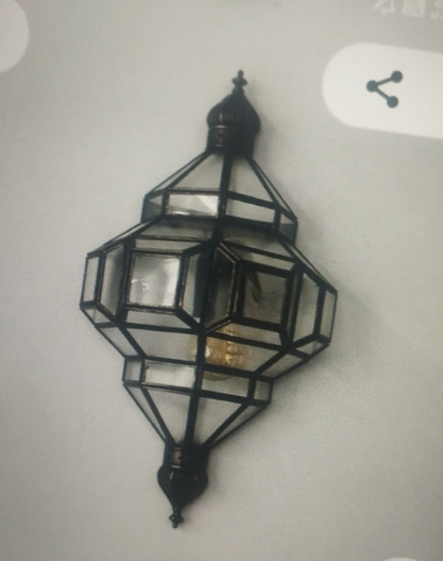 Custom Moroccan Brass & Glass Lantern Set – 2 Black Wall Sconces 30 cm + 1 Bronze Pendant Light 35 cm