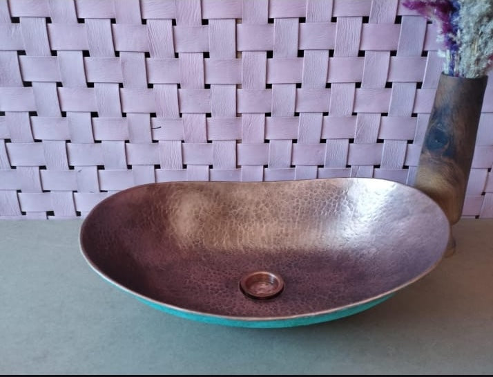 Handmade Moroccan Turquoise Patina Copper Vessel Sink – Oval Bathroom Basin 49 × 35 cm / 19.3 × 13.7 in