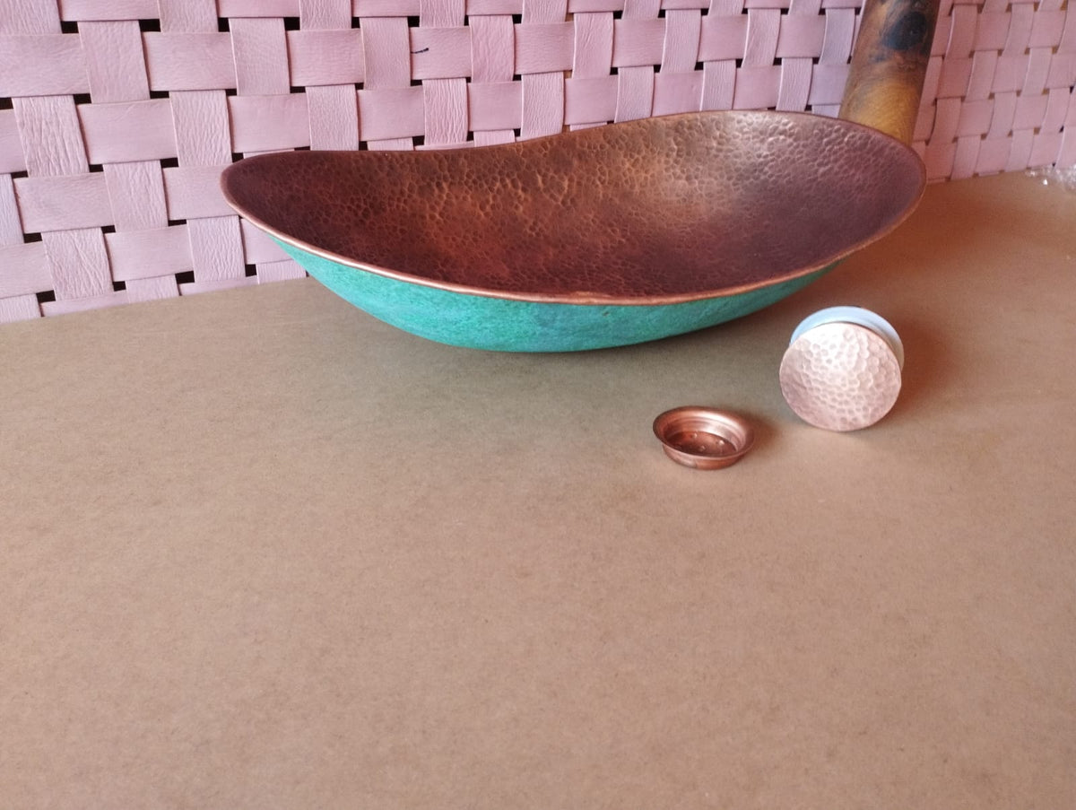 Handmade Moroccan Turquoise Patina Copper Vessel Sink – Oval Bathroom Basin 49 × 35 cm / 19.3 × 13.7 in