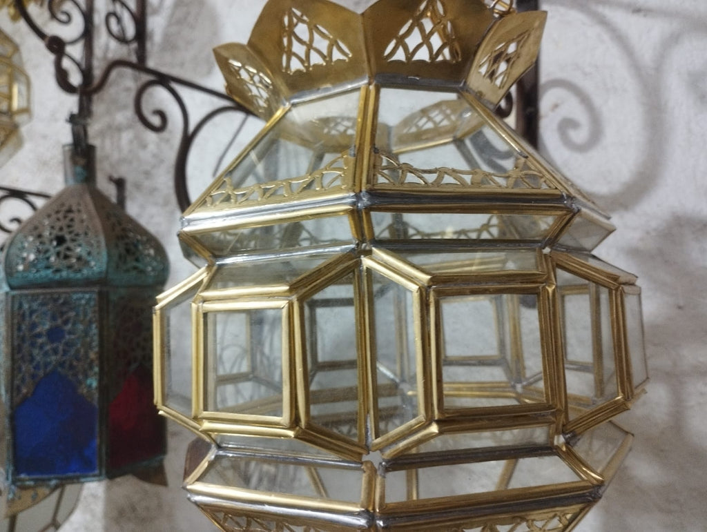 Title: Handmade Moroccan Brass & Clear Glass Pendant Lantern – Gold Finish – 35 cm / 14 in