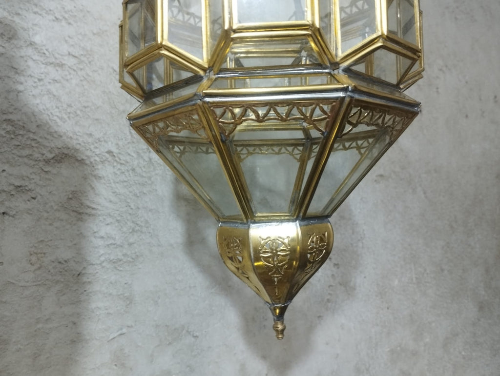 Title: Handmade Moroccan Brass & Clear Glass Pendant Lantern – Gold Finish – 35 cm / 14 in