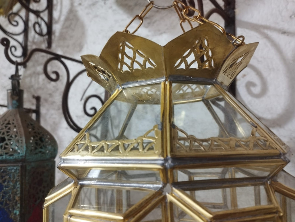 Title: Handmade Moroccan Brass & Clear Glass Pendant Lantern – Gold Finish – 35 cm / 14 in