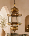 Moroccan Brass Glass Lantern – Handmade Gold Pendant Light with Clear Glass, 12" / 30 cm