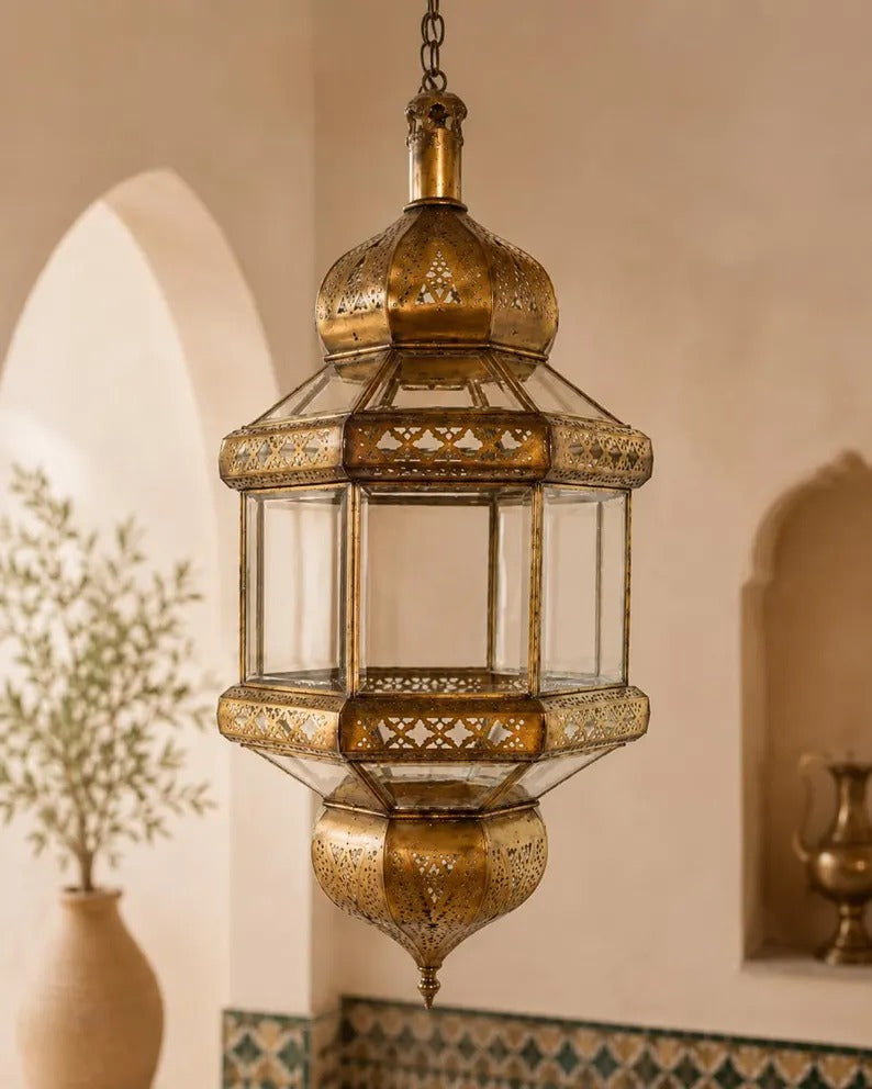 Moroccan Brass Glass Lantern – Handmade Gold Pendant Light with Clear Glass, 12" / 30 cm