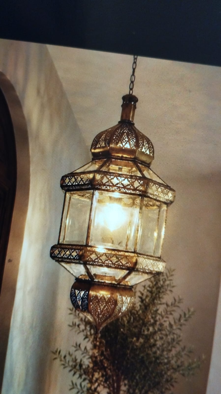 Moroccan Brass Glass Lantern – Handmade Gold Pendant Light with Clear Glass, 12" / 30 cm