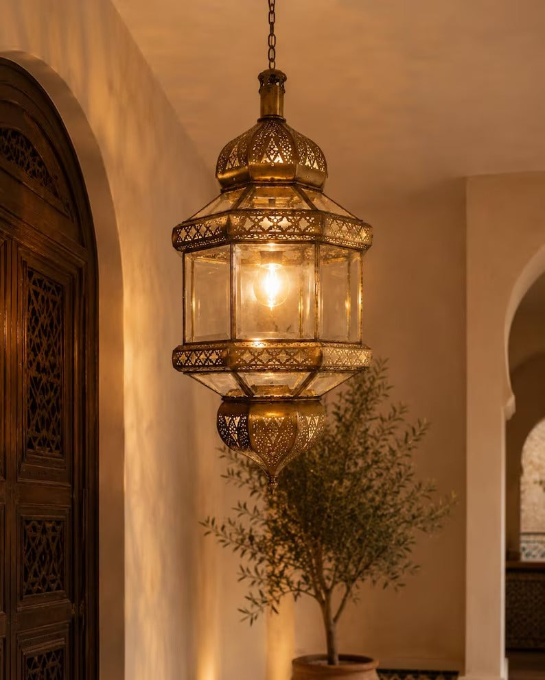 Moroccan Brass Glass Lantern – Handmade Gold Pendant Light with Clear Glass, 12" / 30 cm