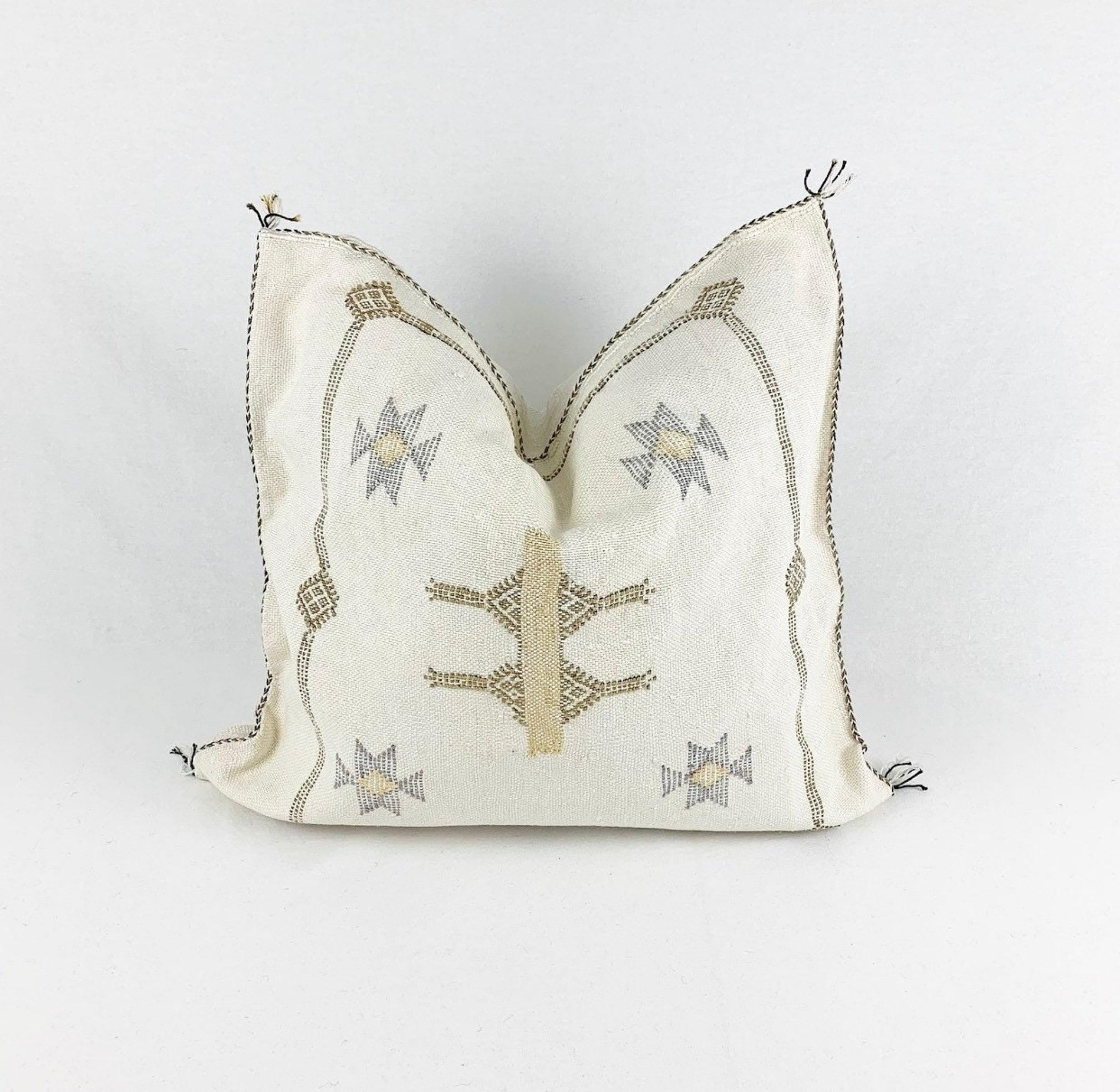 Moroccan Silk Pillow Cover, Handmade Boho Pillowcase, Ivory Beige Tribal Embroidery, Sofa Couch Accent, F - product image 1