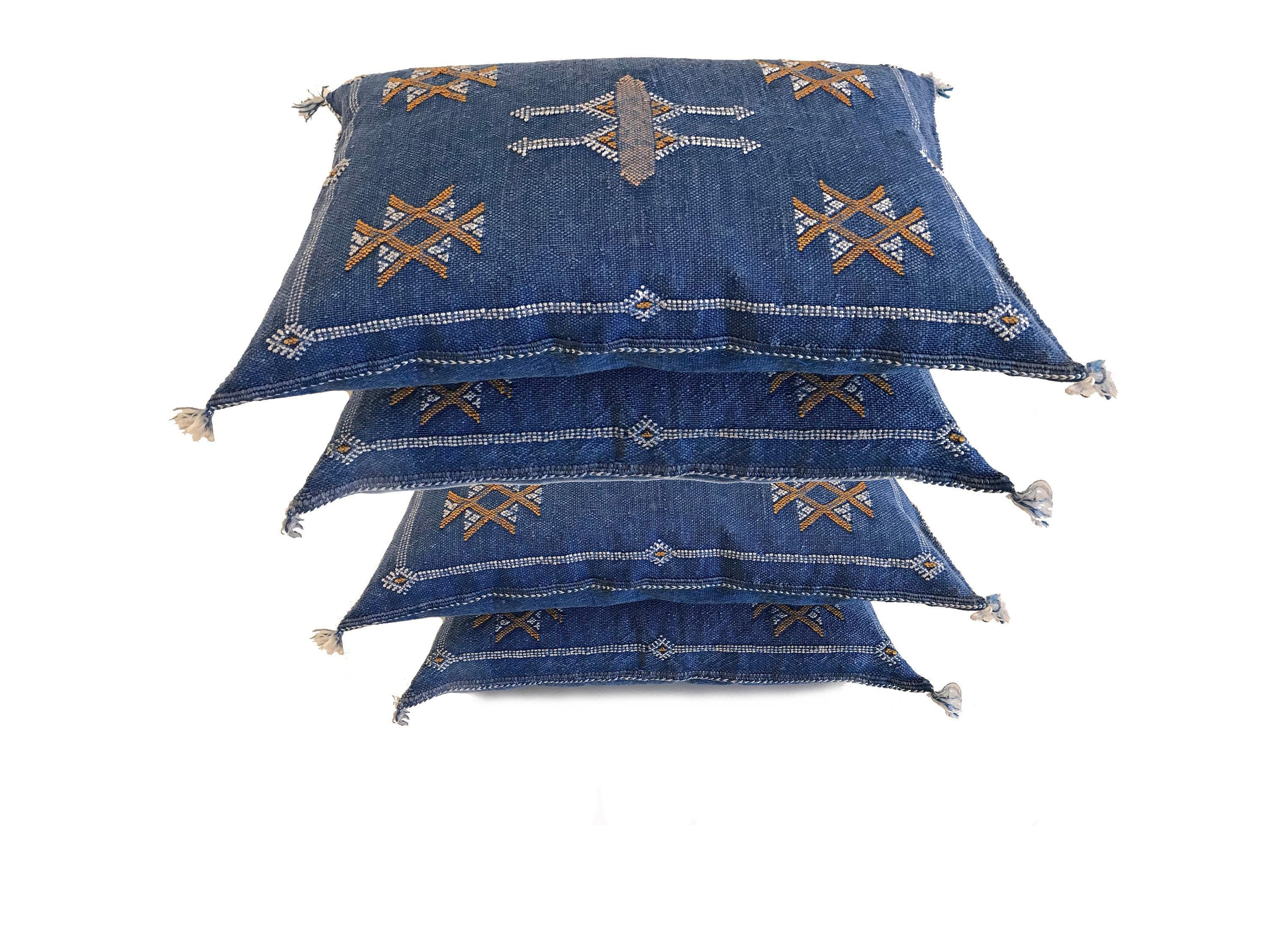 Handmade Moroccan Silk Pillow Cover, Indigo Blue Boho Tribal Embroidered Pillowcase for Sofa Couch, Sizes - product image 9